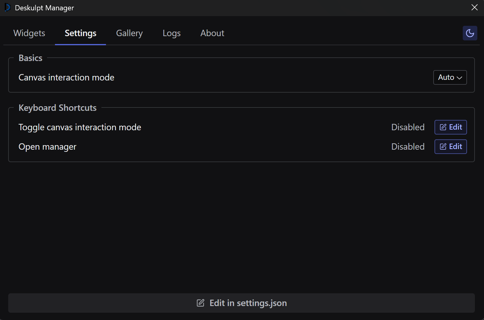 Manager Interface - Settings